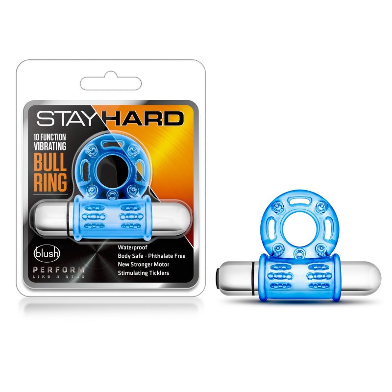 Stay Hard 10-Function Vibrating Bull Ring - Blue